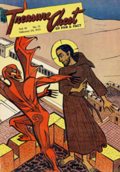 Comic-style cover for Treasure Chest with saint-like figure and devil-like figure standing on a roof