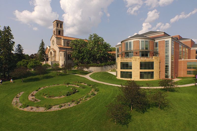 Photo of Library and Chapel plus campus grounds