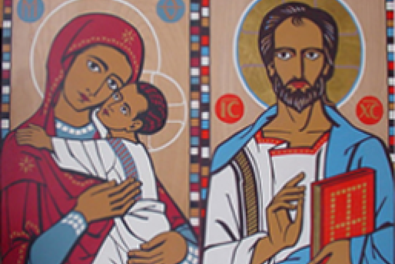 Silkscreen on wood panels: Icon of the Mother of God and Icon of Christ the Teacher, used in several of Ade Bethune’s later churches.