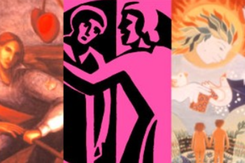 A collage of three pieces of art: a swordsman, two figures in pink and black, and a flaming woman.