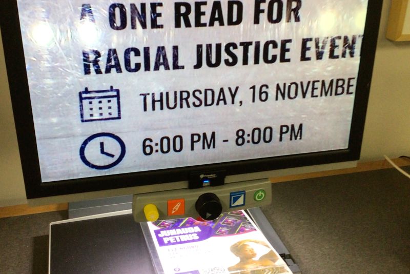 text enlarger showing "One Read for Racial Justice" larger and easier to read